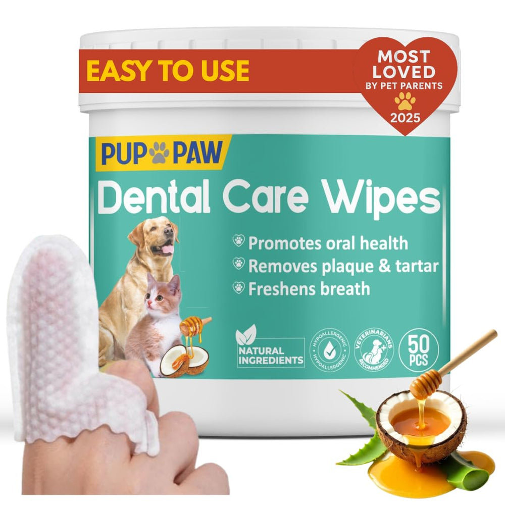 PUP PAW Premium dog teeth wipes packaging shows all-natural ingredients for gentle care.