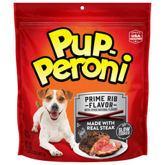 Pup-Peroni Prime Rib bag 22.5oz showing convenient packaging and protein-packed treats.