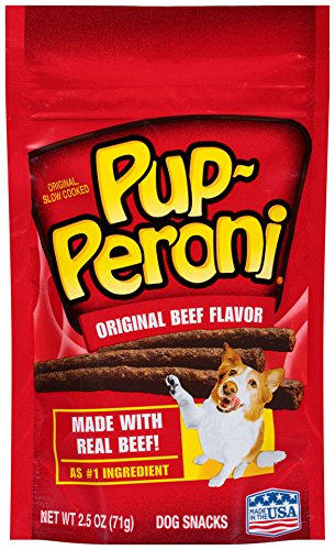 Pup-Peroni beef snack 2.5 oz package highlighting real beef flavor for rewarding dogs during training