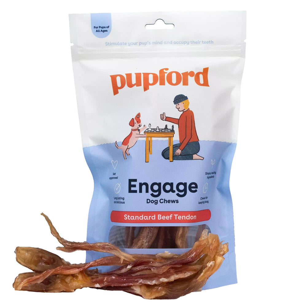 Pupford Beef Tendon Chews packaging highlights a natural, long-lasting chew.