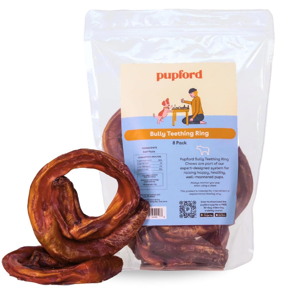 Pupford Bully Stick Rings hero image showing 8-pack for training rewards and long-lasting chew.