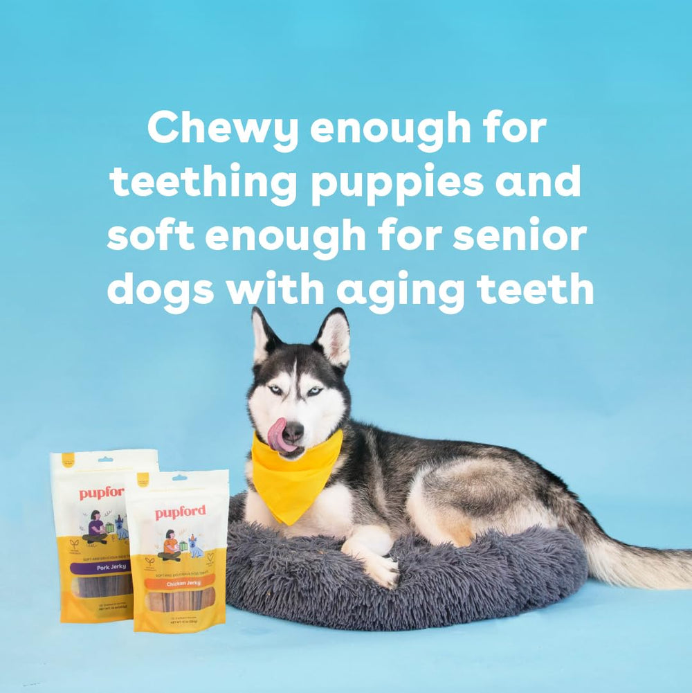 Pupford Chicken Jerky ingredients panel showing no fillers and simple ingredients.