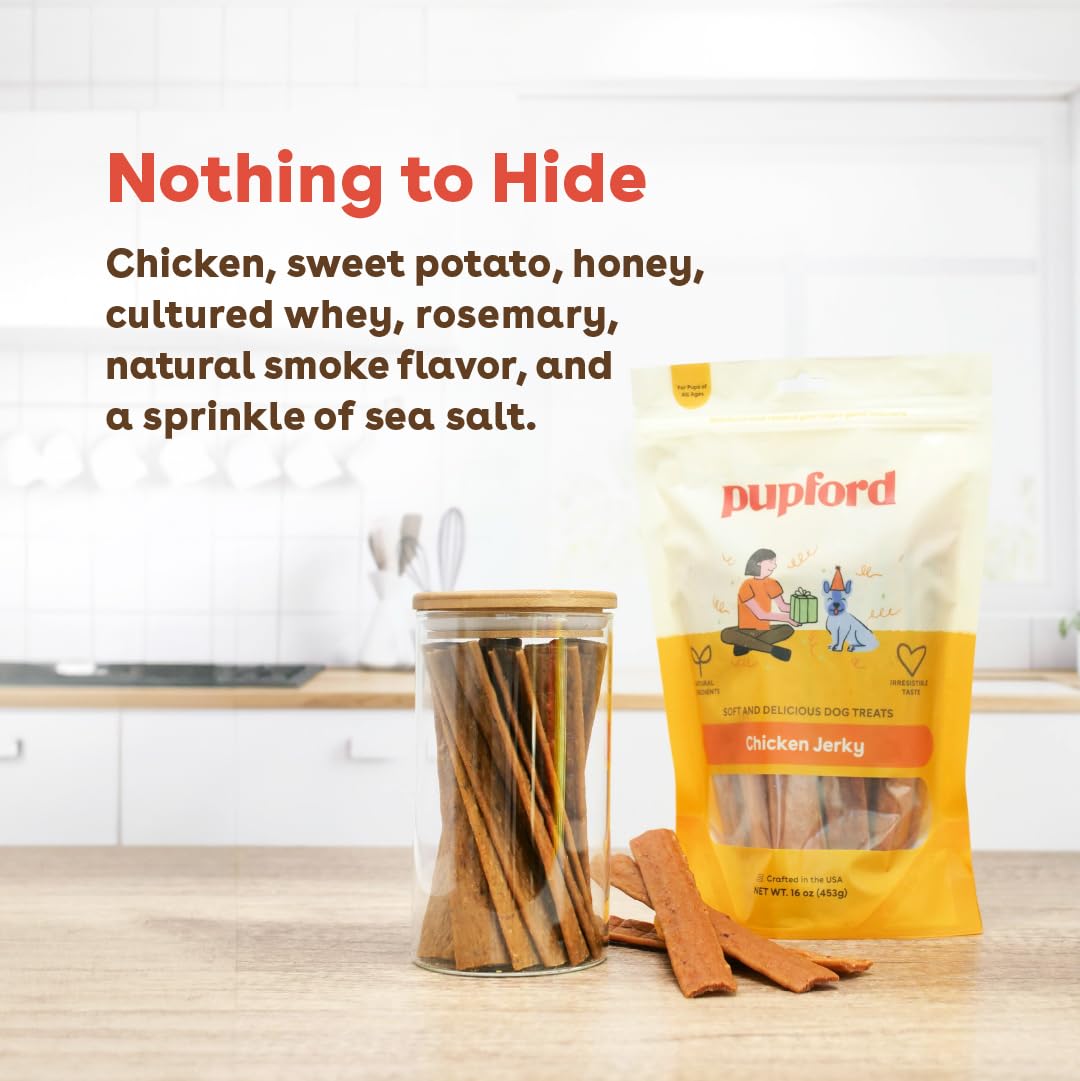 Pupford Chicken Jerky puppy-senior-friendly bite-sized pieces for dogs of all life stages.