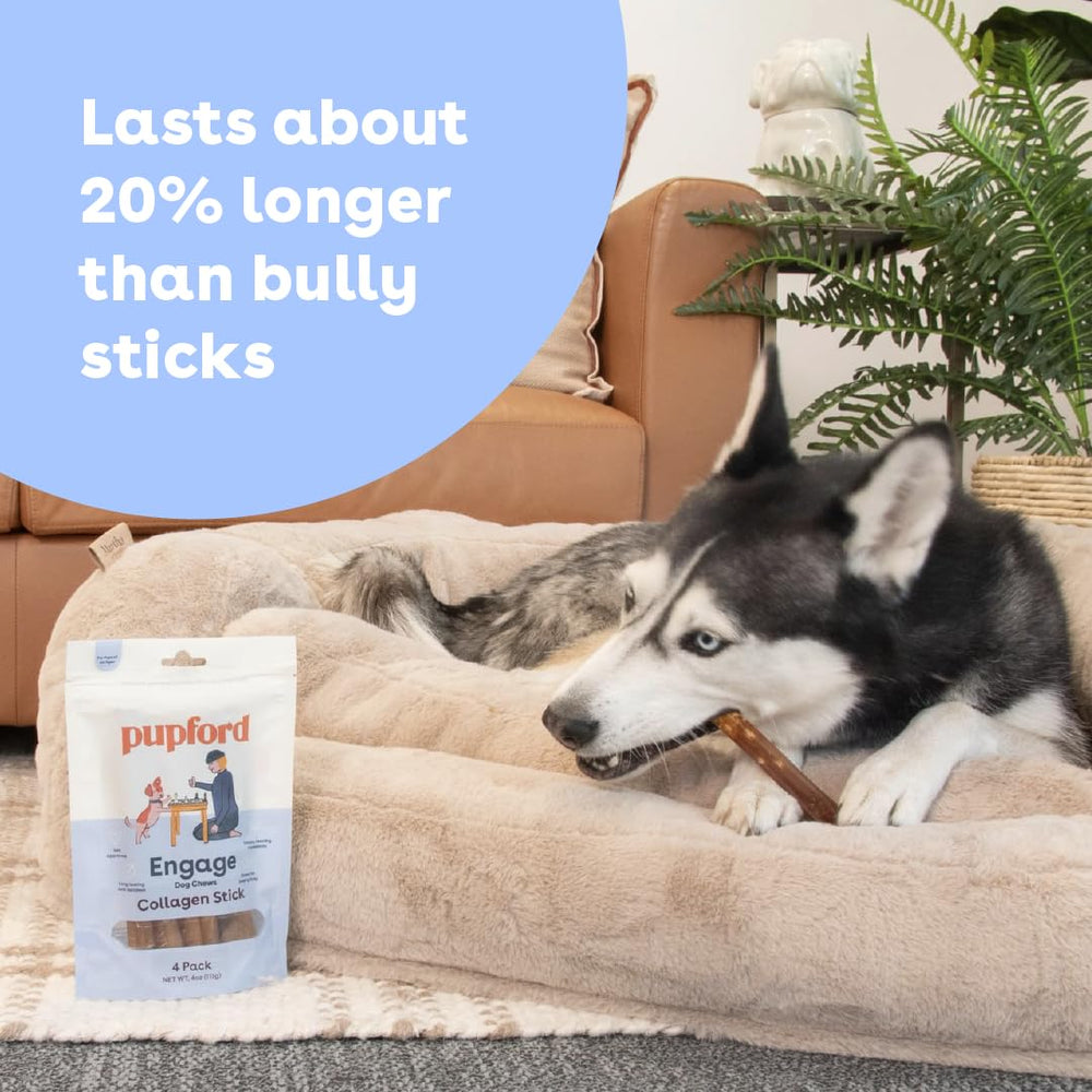 Pupford collagen stick chew emphasizes easy digestion with high-protein, low-fat profile.