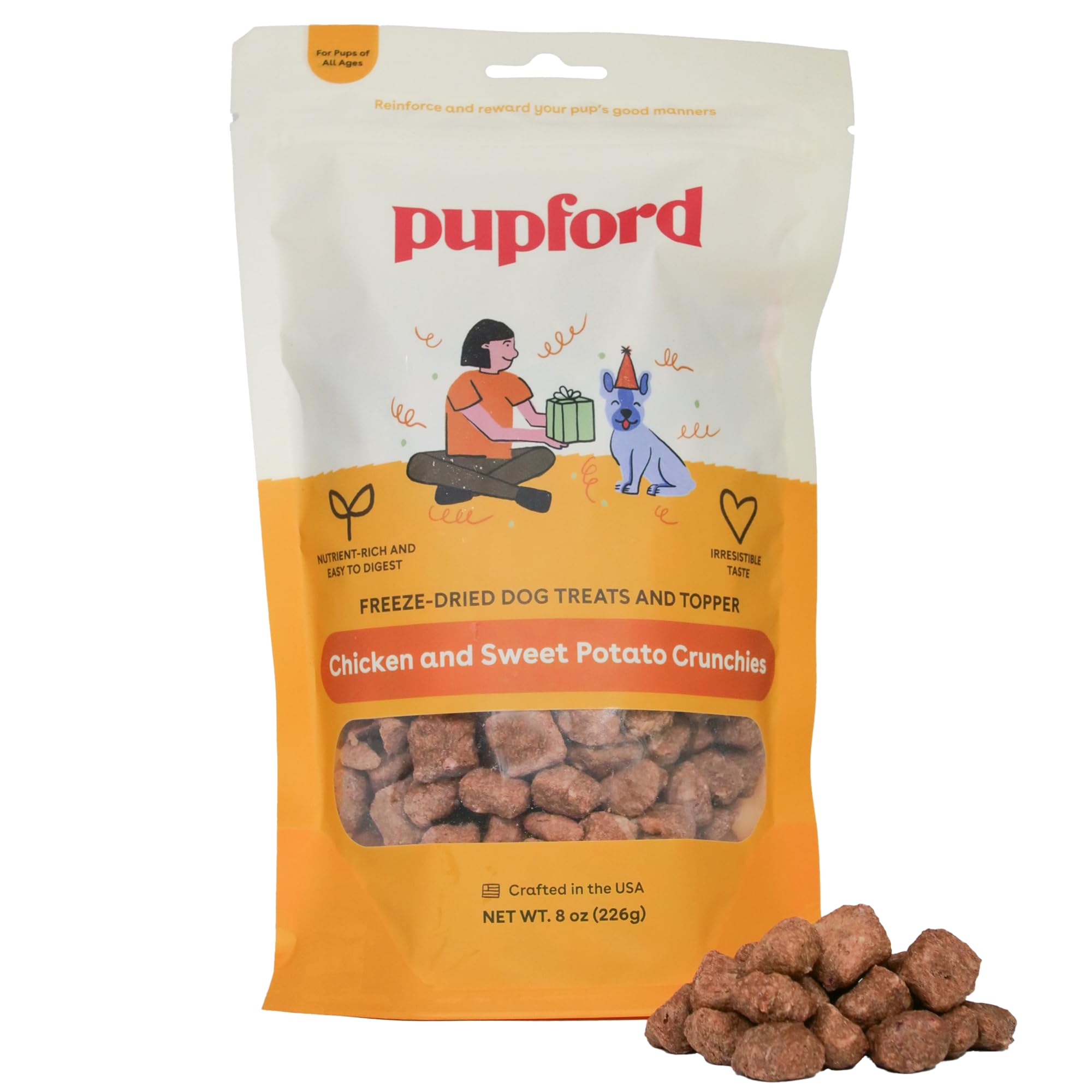 Pupford Crunchies package highlights all-natural ingredients for a tasty training reward.