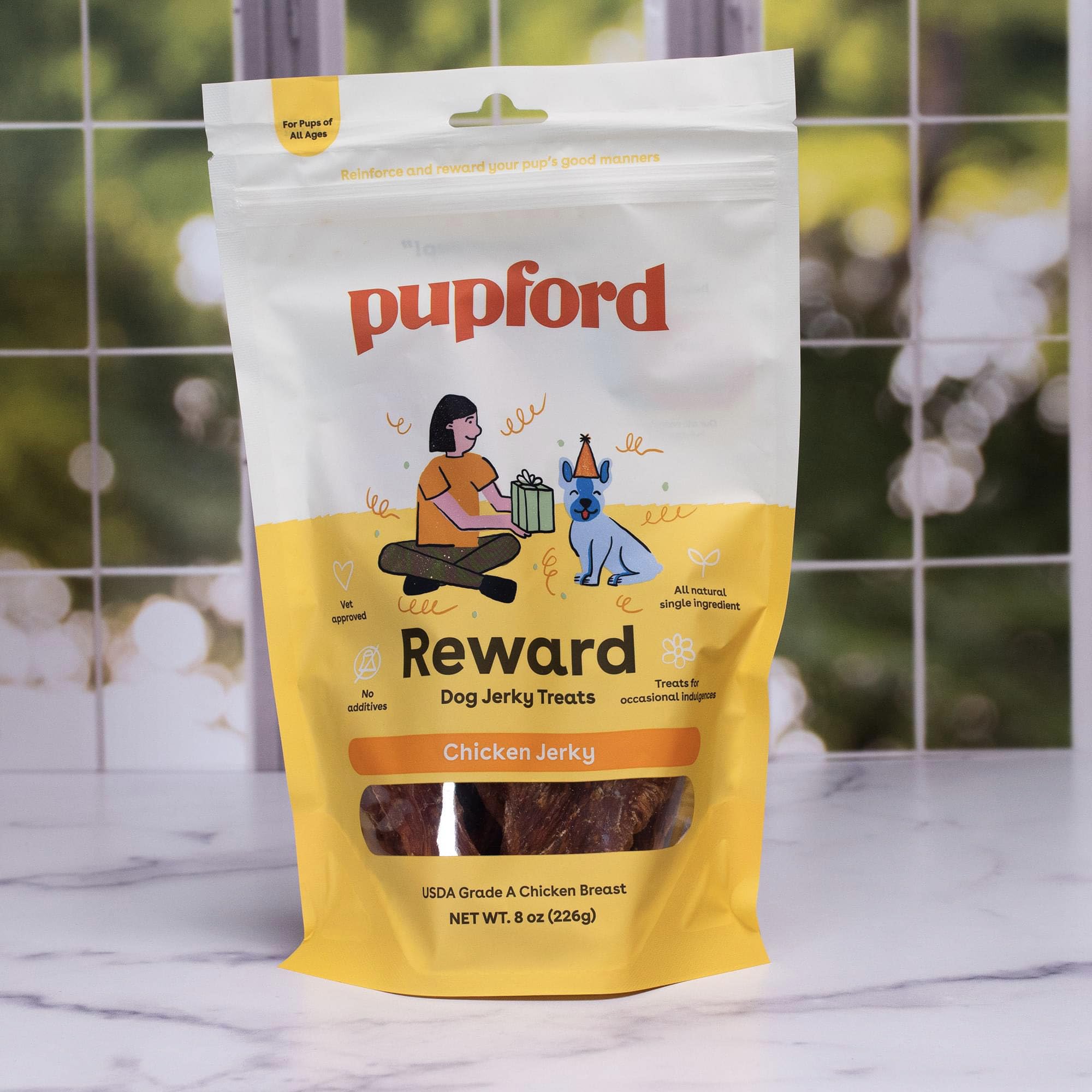 Pupford Crunchy Jerky chicken storage – stays fresh at room temperature.