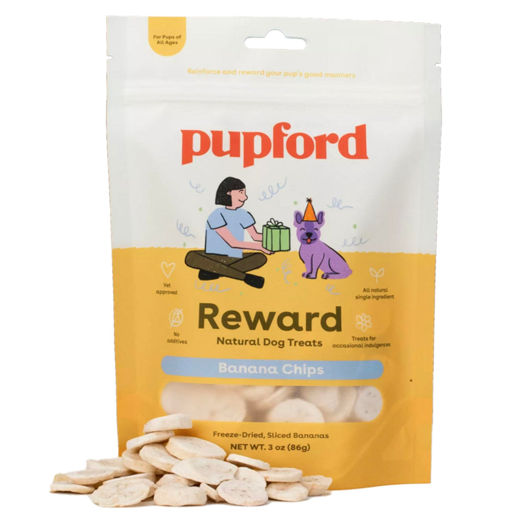 Pupford freeze-dried banana-chip treats pack shot for on-the-go rewards.