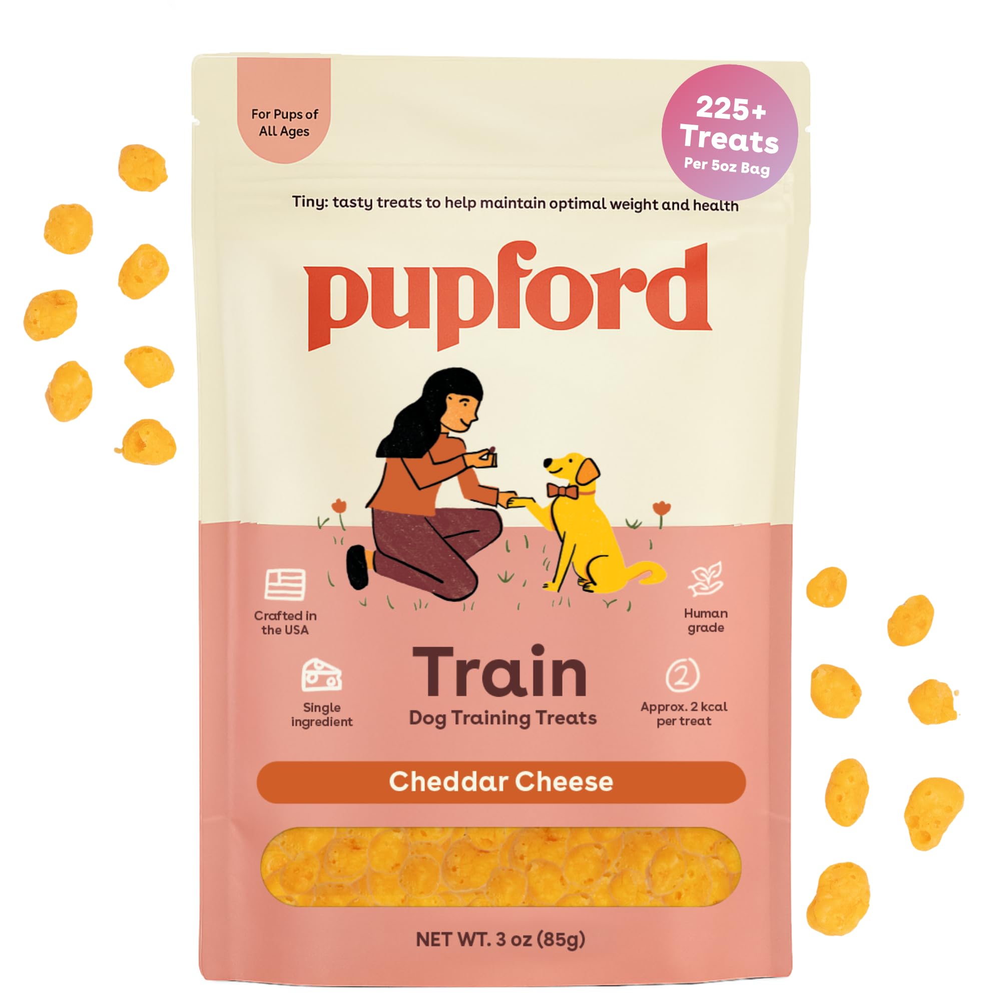 Pupford freeze-dried training treats cheddar 3oz bag ready for quick rewards.