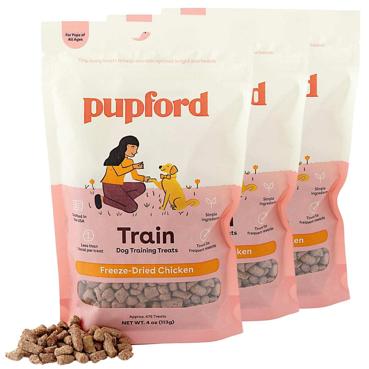 Pupford freeze-dried training treats chicken 4oz 3-pack front—portable reward for training