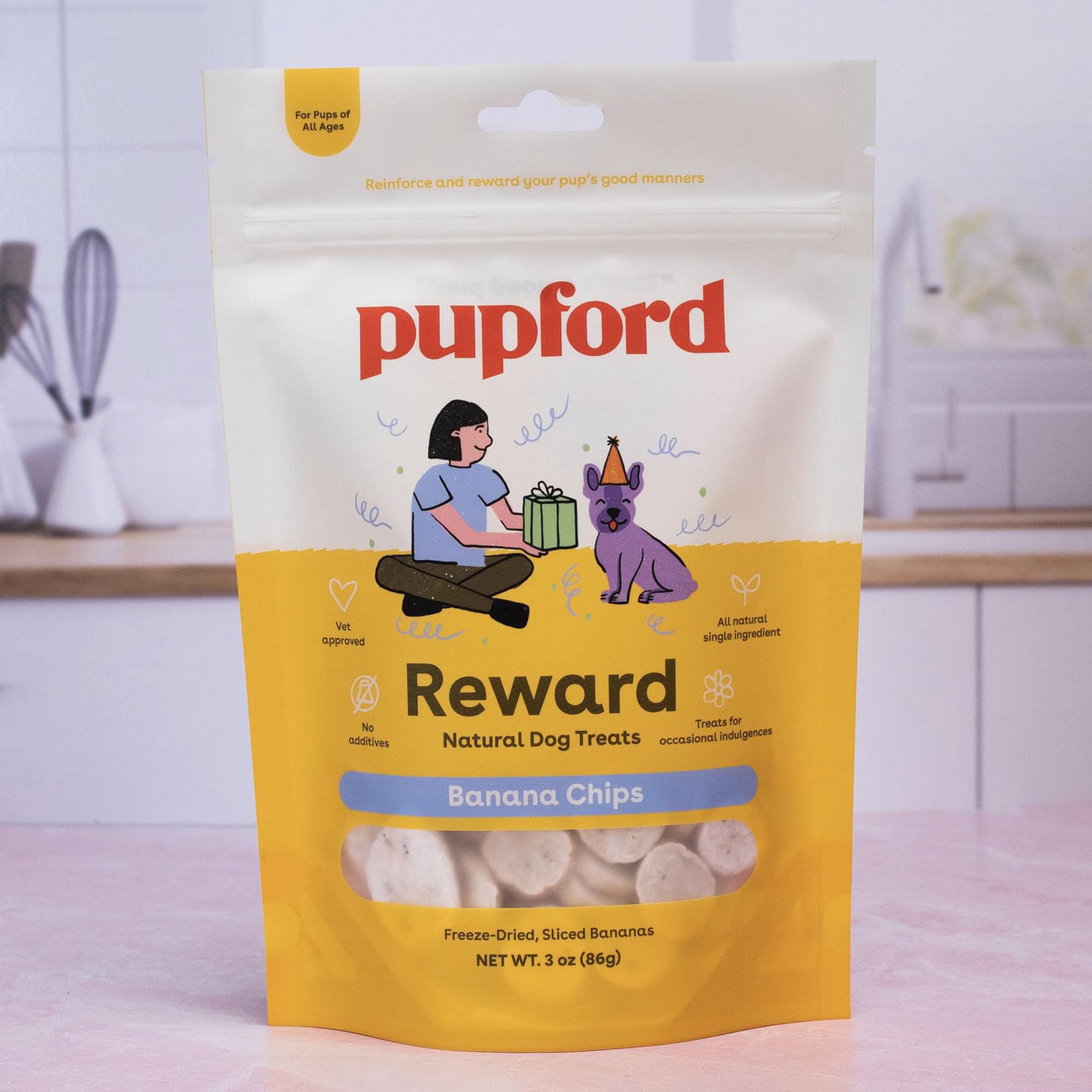 Pupford large-breed banana-chip treats suitable for sharing during training.