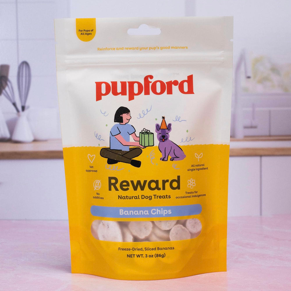 Pupford large-breed banana-chip treats suitable for sharing during training.
