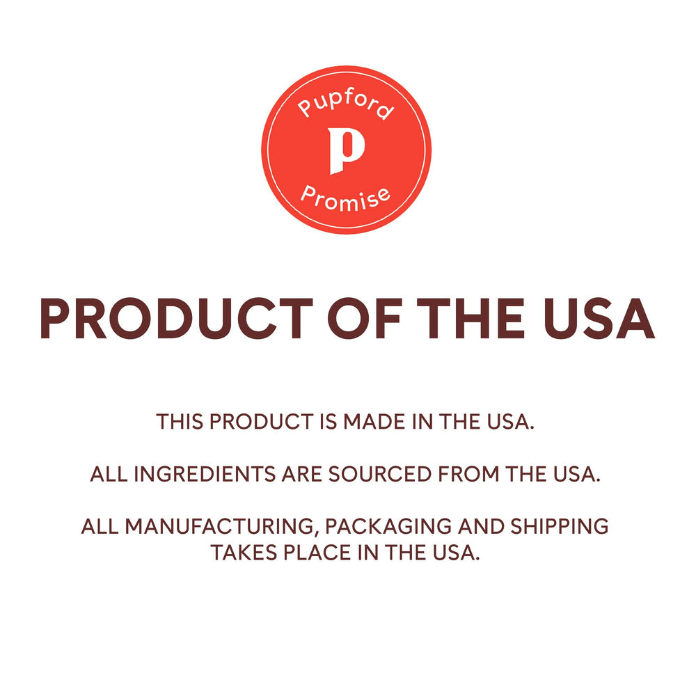 Pupford Made-in-USA label on packaging, signaling quality and origin.