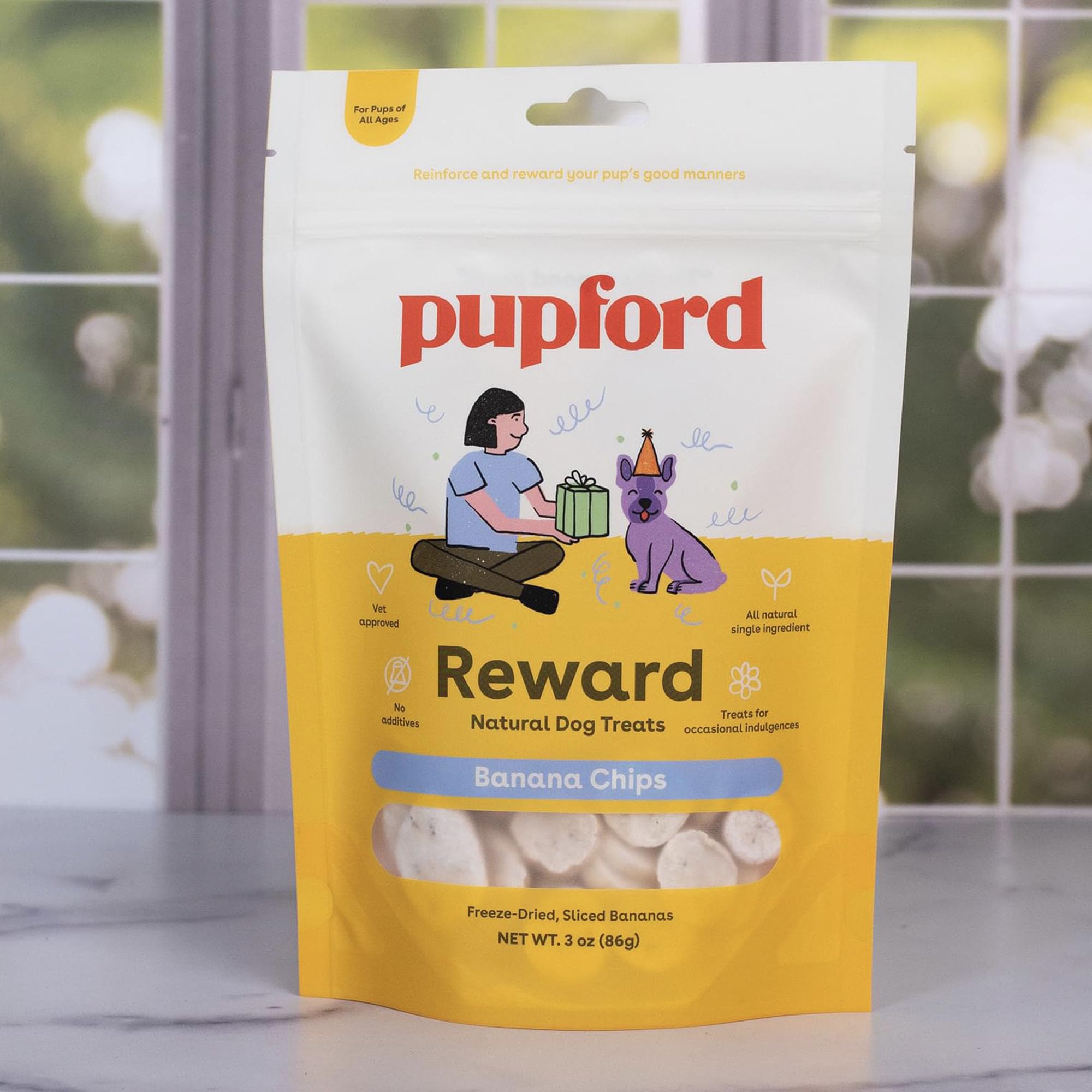 Pupford one-ingredient banana-chip treat image emphasizing simple, no-fillers snack.