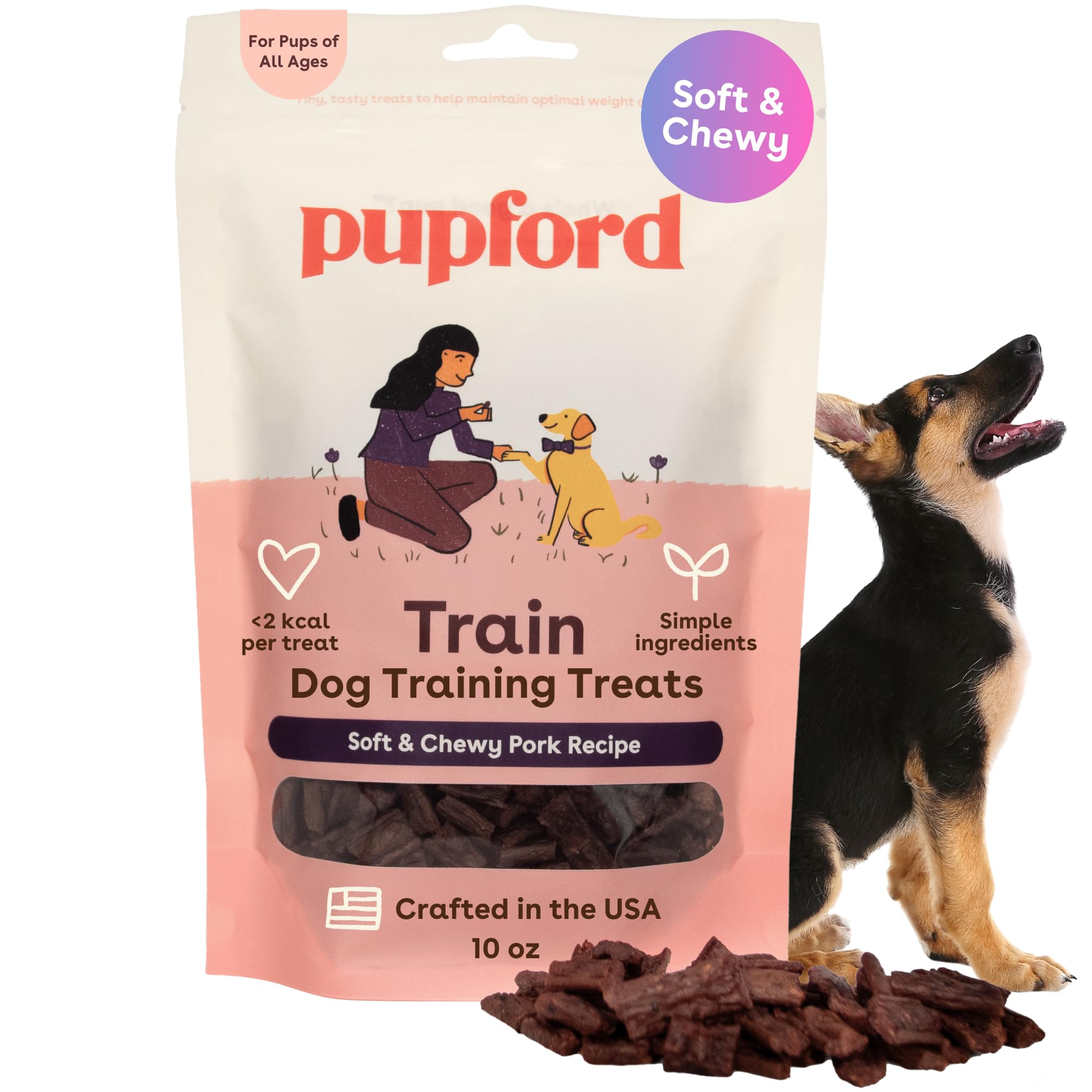 Pupford Soft & Chewy pork treats pack shot highlighting training rewards.