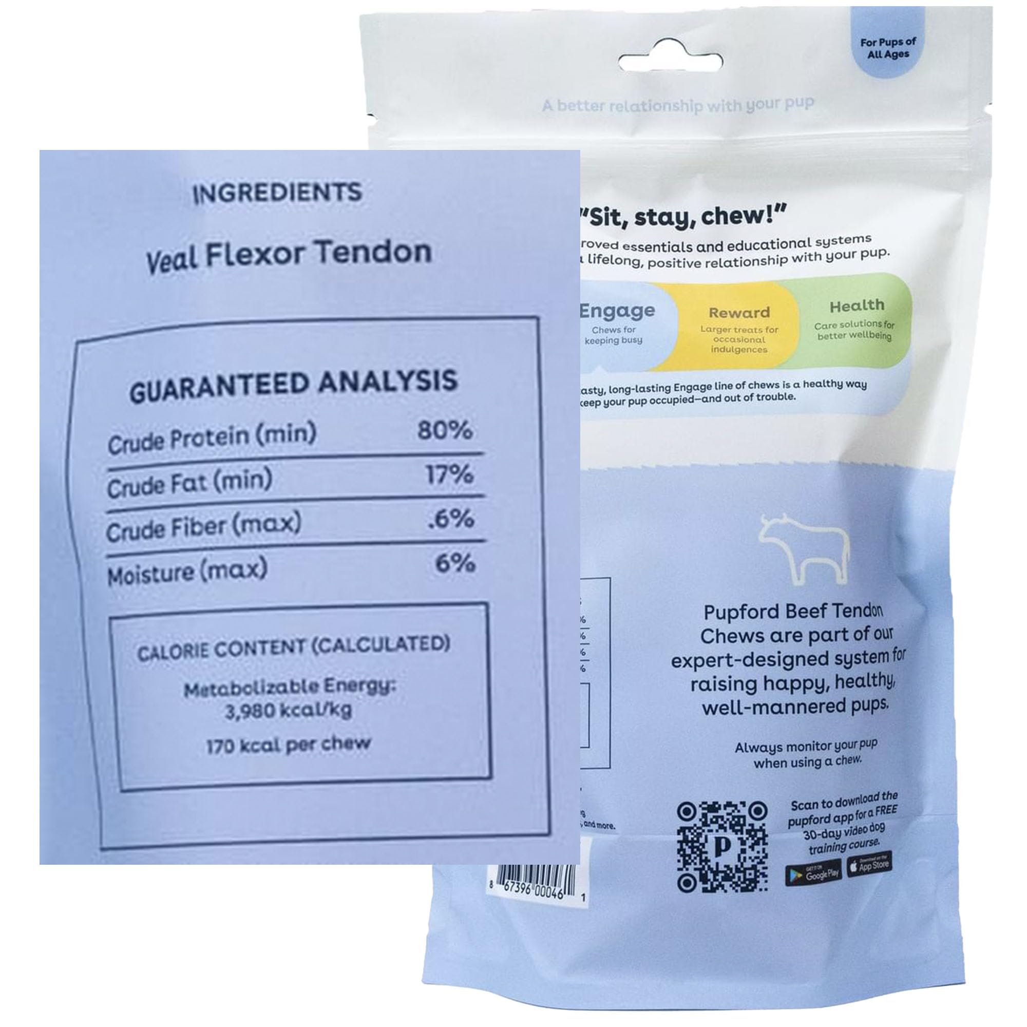 Pupford Thick Beef Tendon Chews closeup texture—dense, satisfying chew.