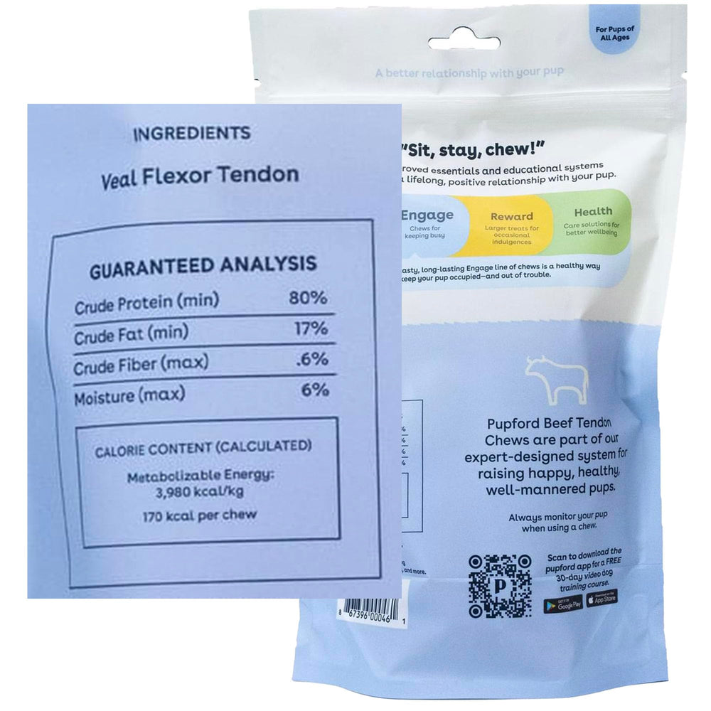 Pupford Thick Beef Tendon Chews closeup texture—dense, satisfying chew.