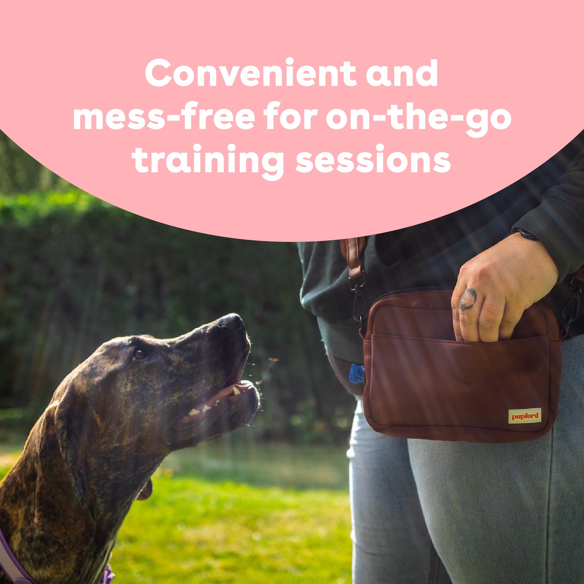 Pupford treats in pocket during outdoor walk for training on the go.