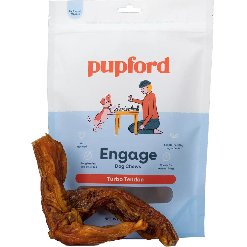 Pupford Turbo Beef Tendon Chews help scrub away plaque as dogs chew.