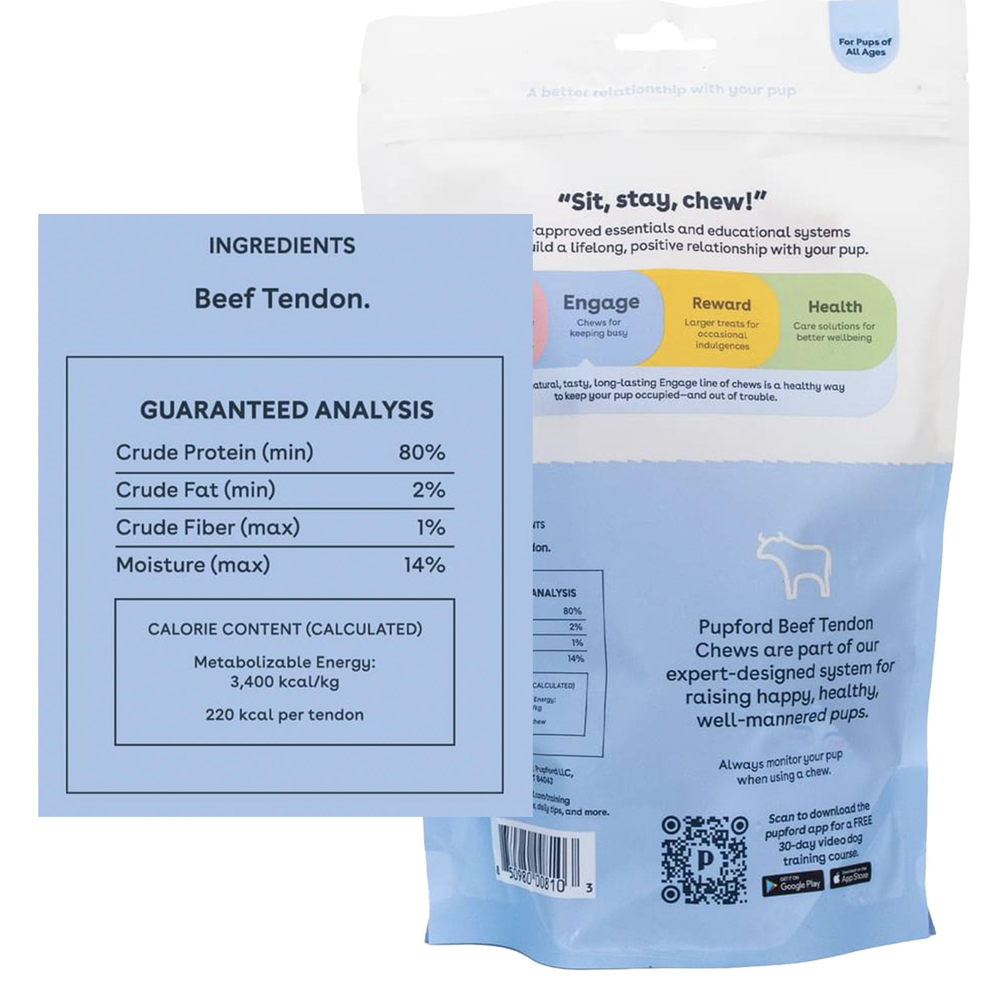 Pupford Turbo Beef Tendon Chews packaging highlights natural ingredients and product benefits.