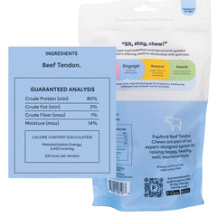 Pupford Turbo Beef Tendon Chews packaging highlights natural ingredients and product benefits.
