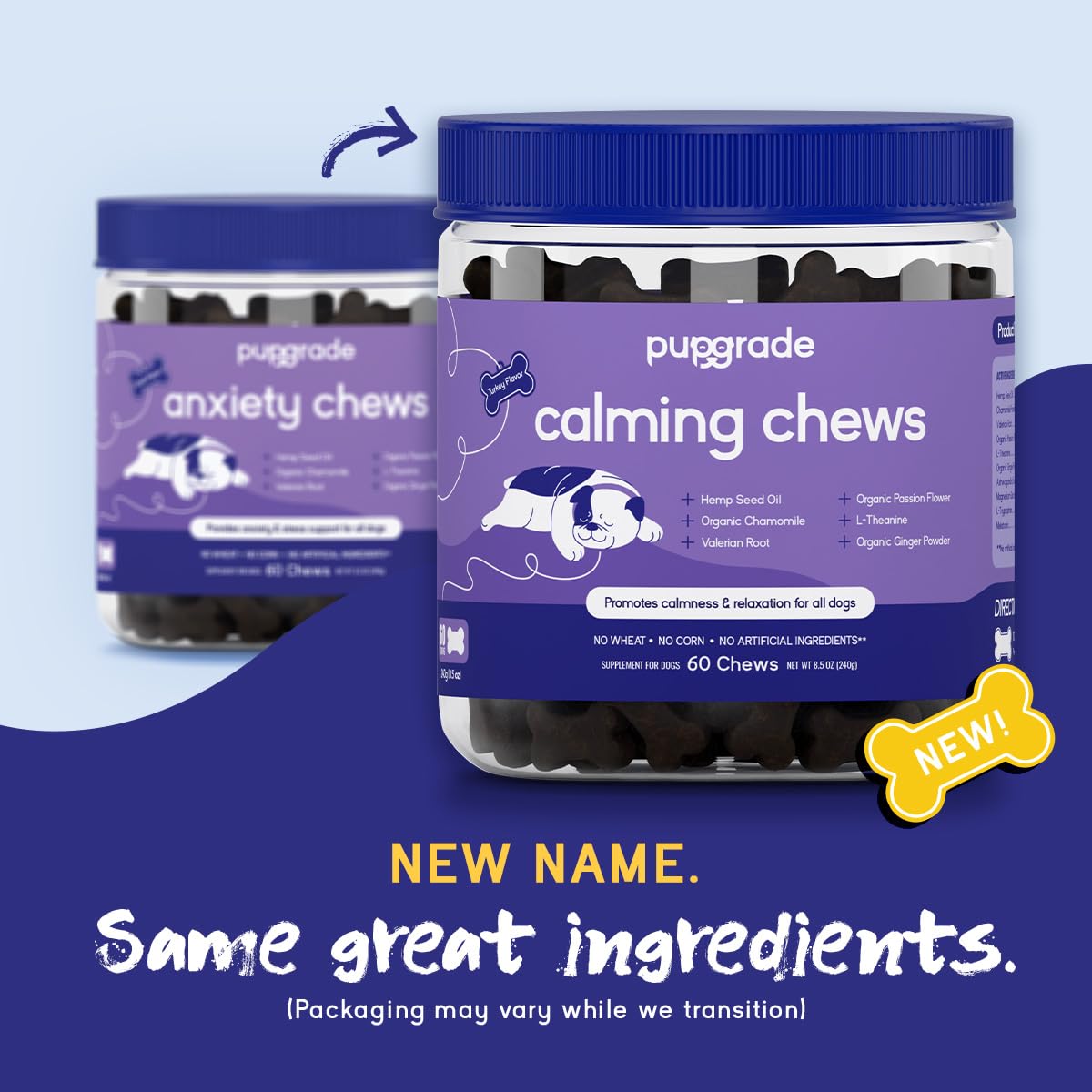 PupGrade Calming Chews carton front highlights no artificial ingredients.