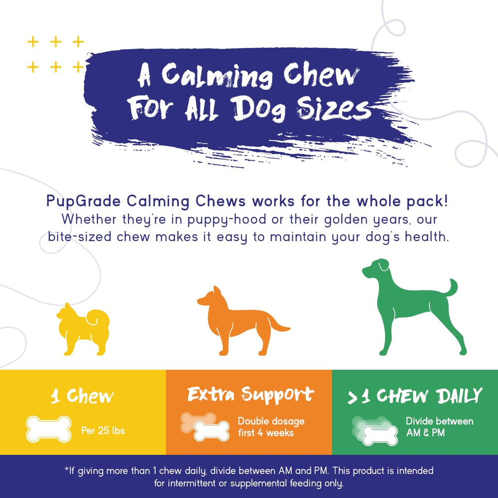PupGrade Calming Chews ingredients panel highlighting natural herbs and amino acids.