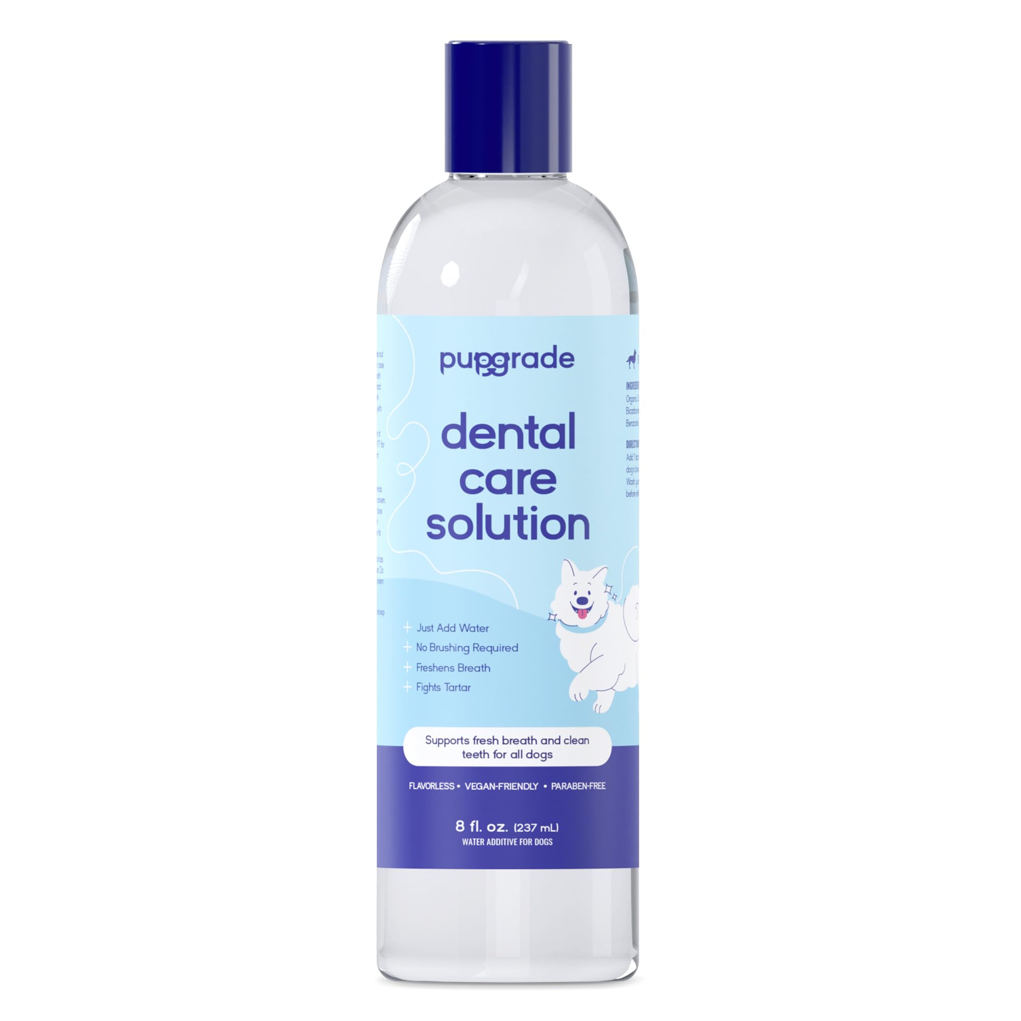 PupGrade Dental Care Water Additive poured into dog bowl for fresher breath.