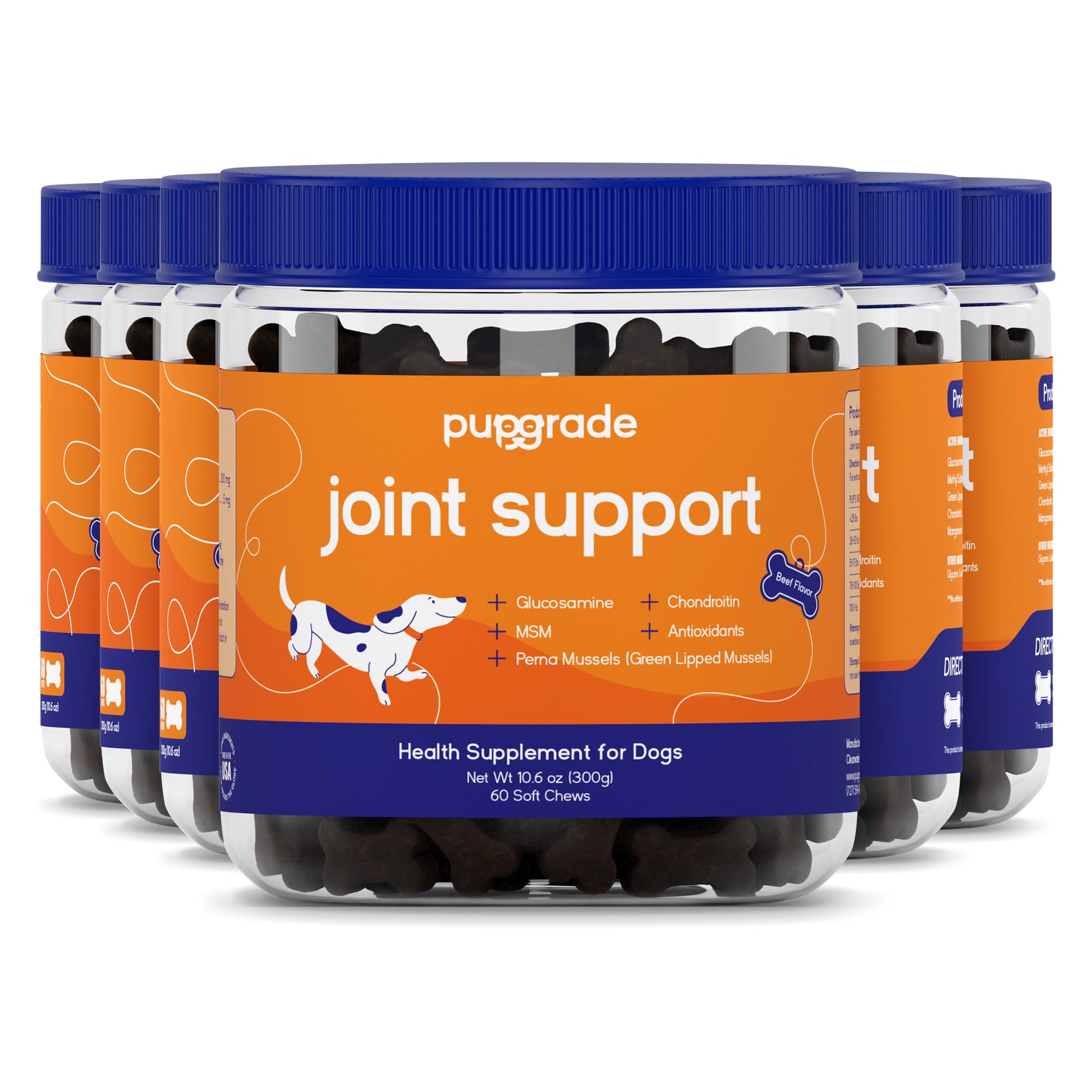 PupGrade Joint Support bottle closeup, highlighting hip and joint comfort with natural ingredients.
