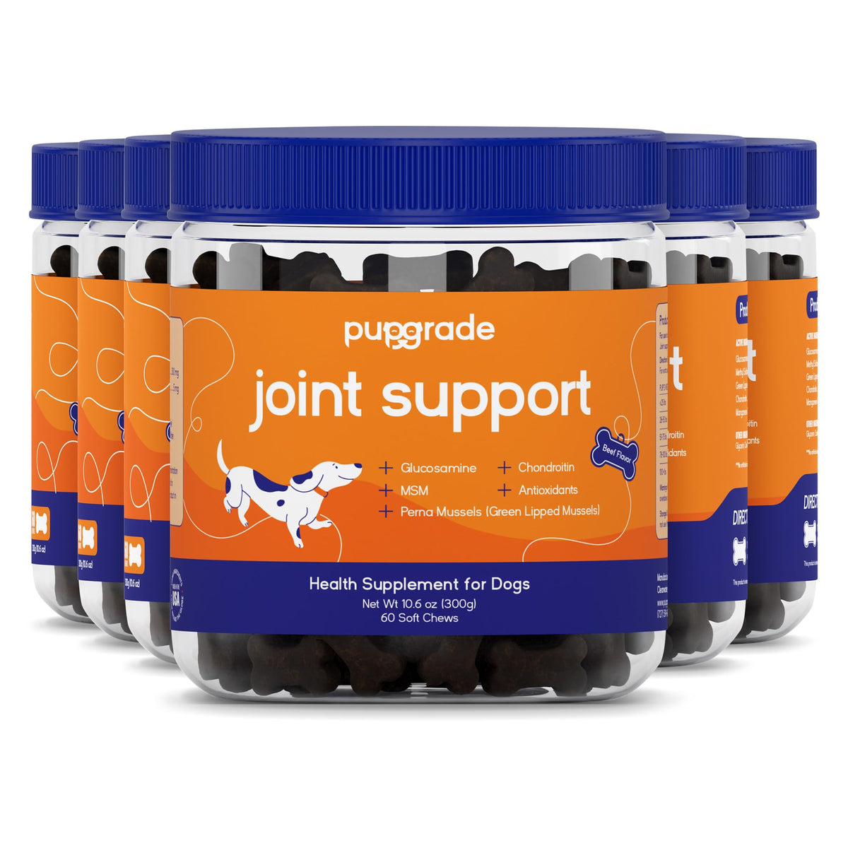 PupGrade Joint Support bottle closeup, highlighting hip and joint comfort with natural ingredients.