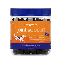 PupGrade joint supplement bottle closeup showing USA-tested mobility support.