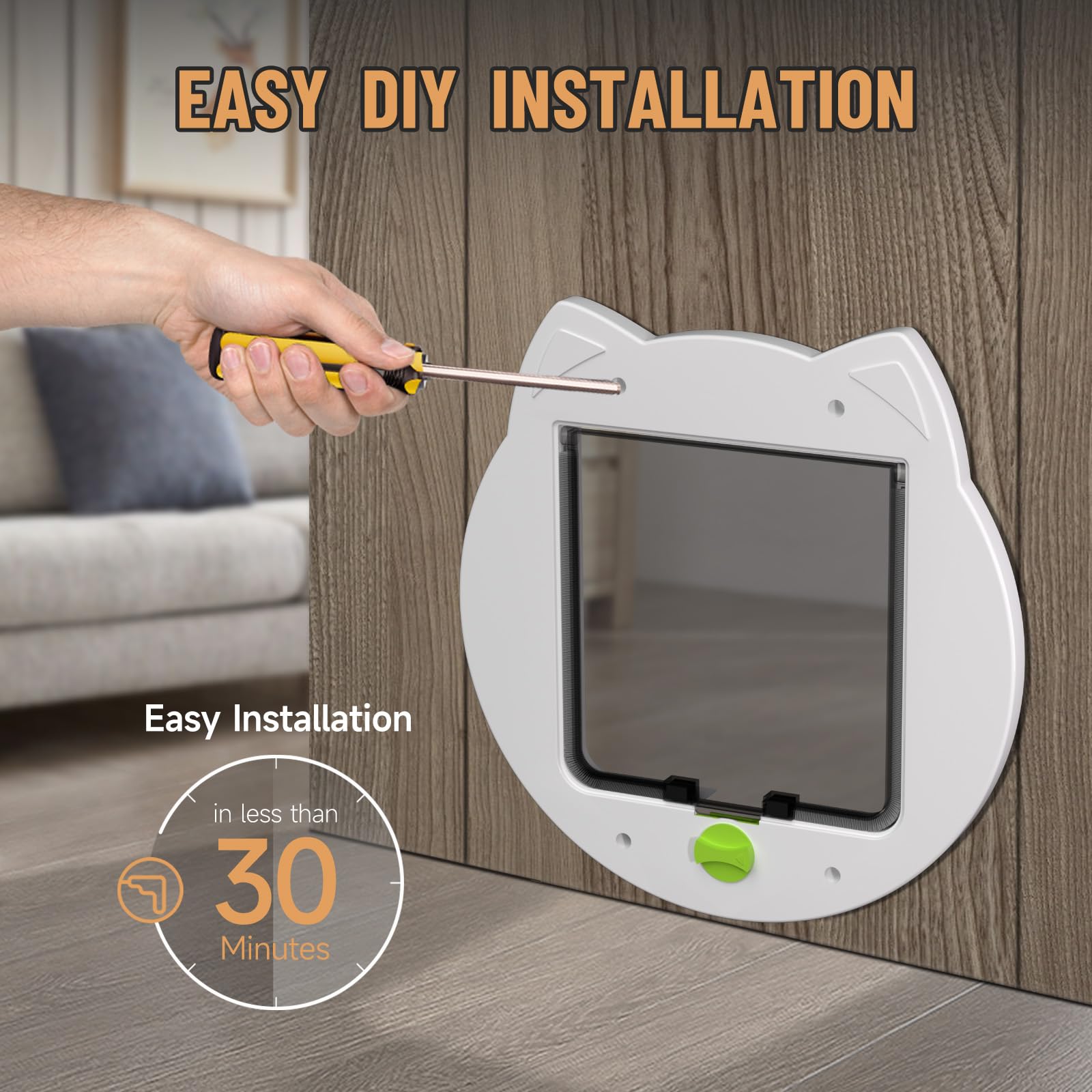 PUPIHOM cat door installation kit image shows quick, secure DIY setup.