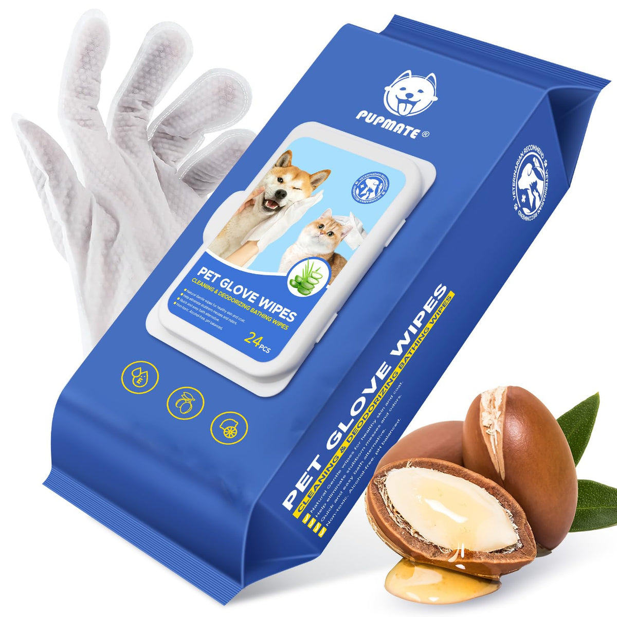 PUPMATE glove wipes no-rinse cleaning for dogs and cats, convenient pet hygiene