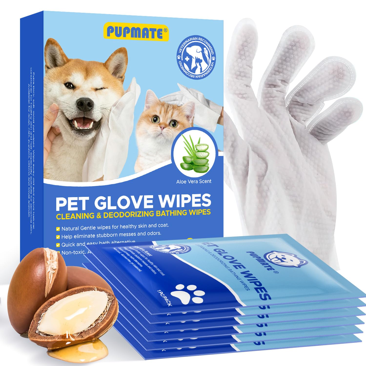 PUPMATE glove wipes packaging demonstrates portable no rinse grooming on the go