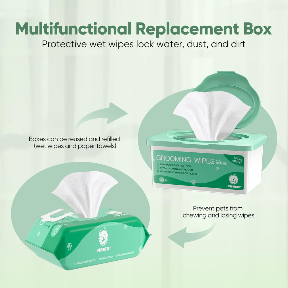 PUPMATE pet wipes with Aloe Vera scent promote soothing skin while grooming.