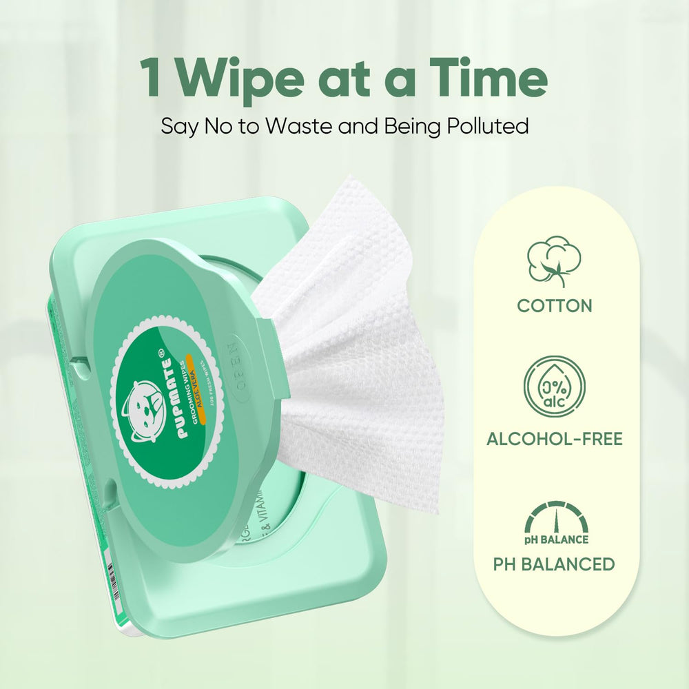 PUPMATE pet wipes being used to cleanse a cat's ears with Aloe Vera formula.