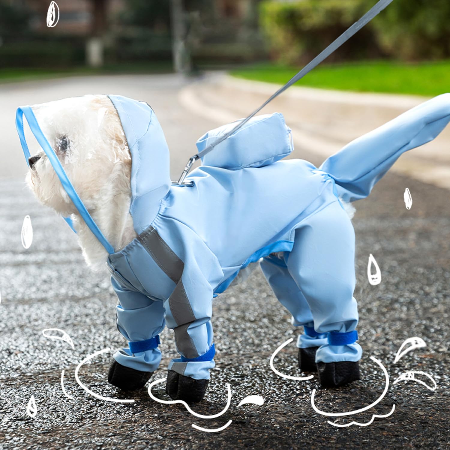 PupMist raincoat blue waterproof quick-dry fabric keeps pup comfortable after rain
