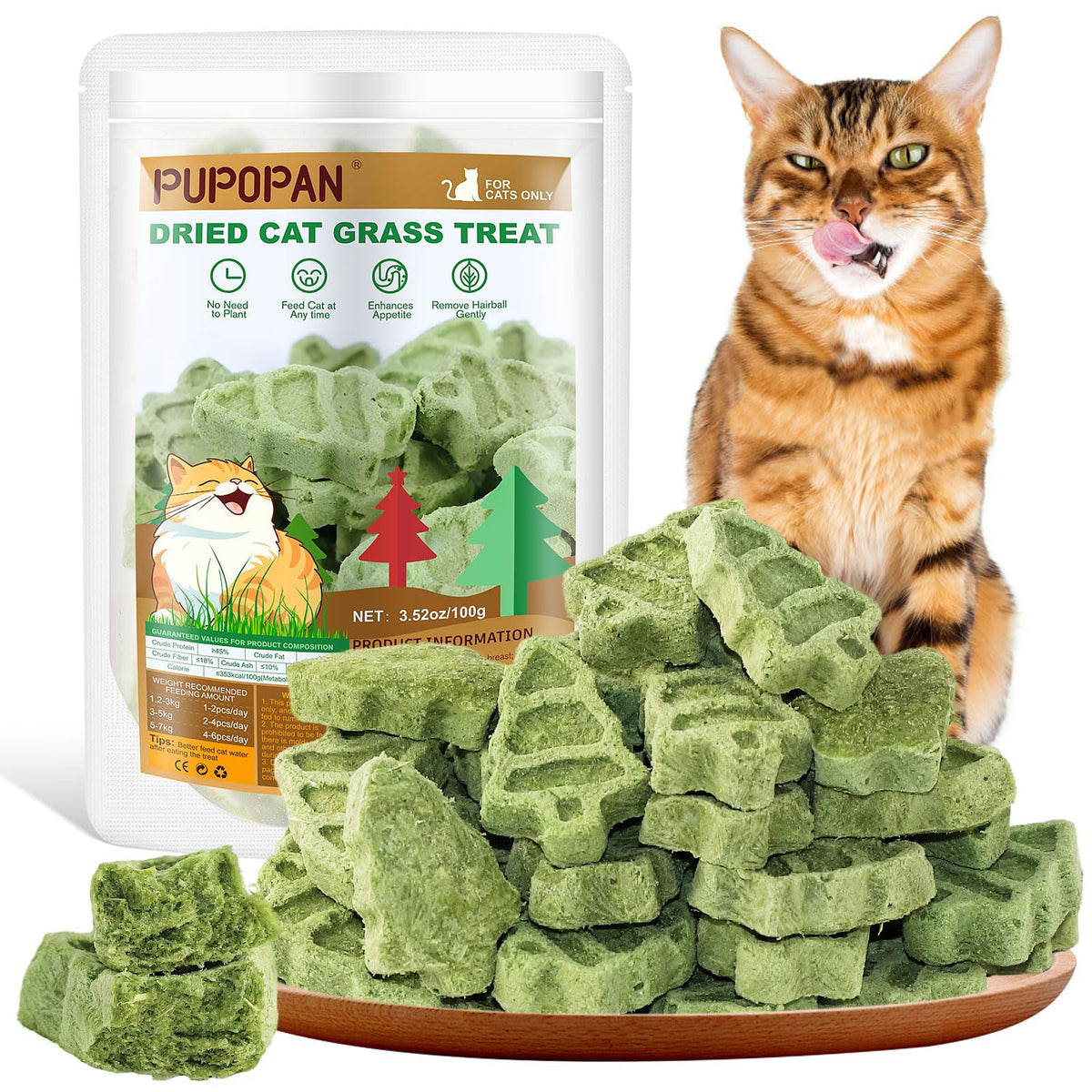 PuPoPan cat grass teething stick crunch visually demonstrates dental care and tasty texture.