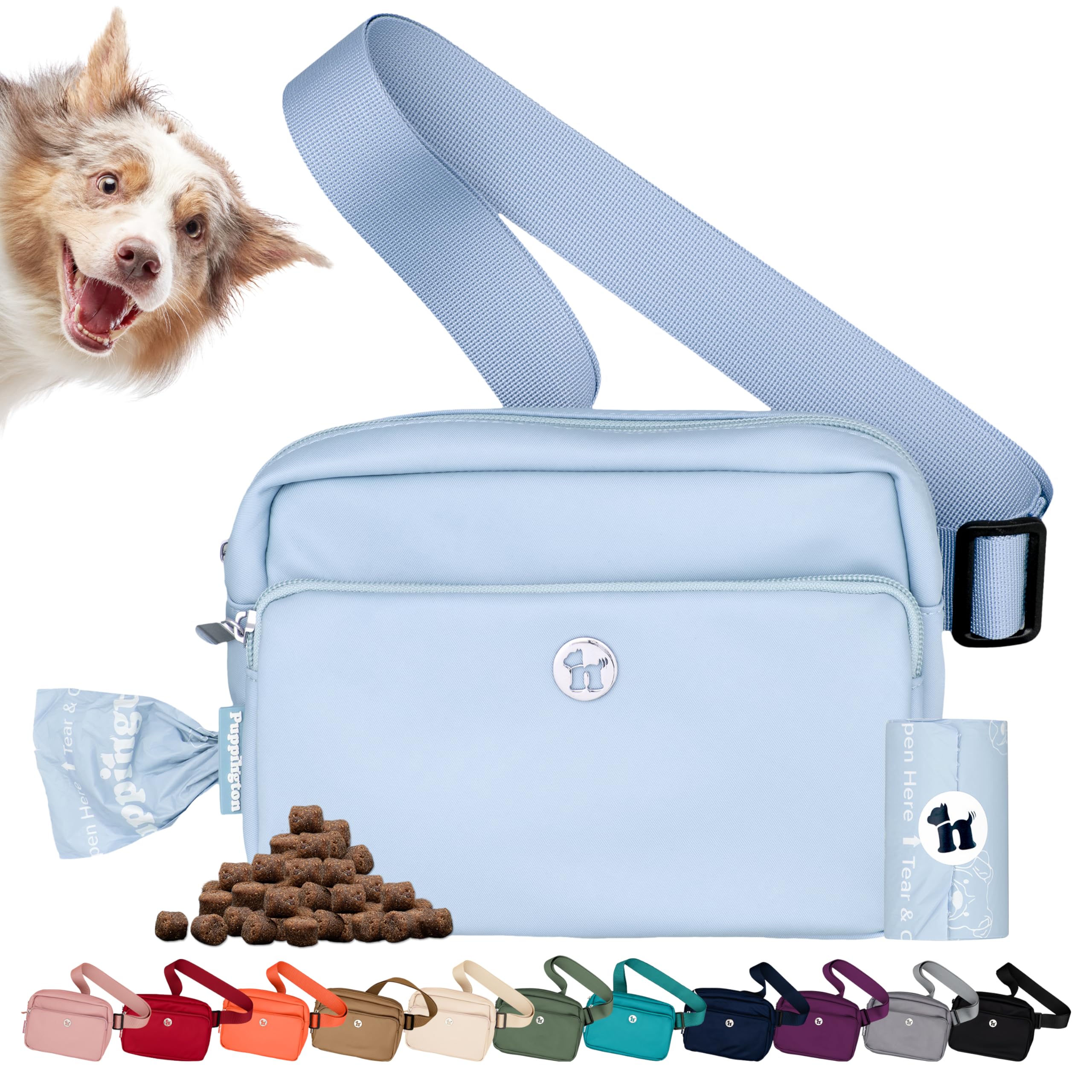 Puppington 3-in-1 crossbody bag worn hands-free during dog walks and training.