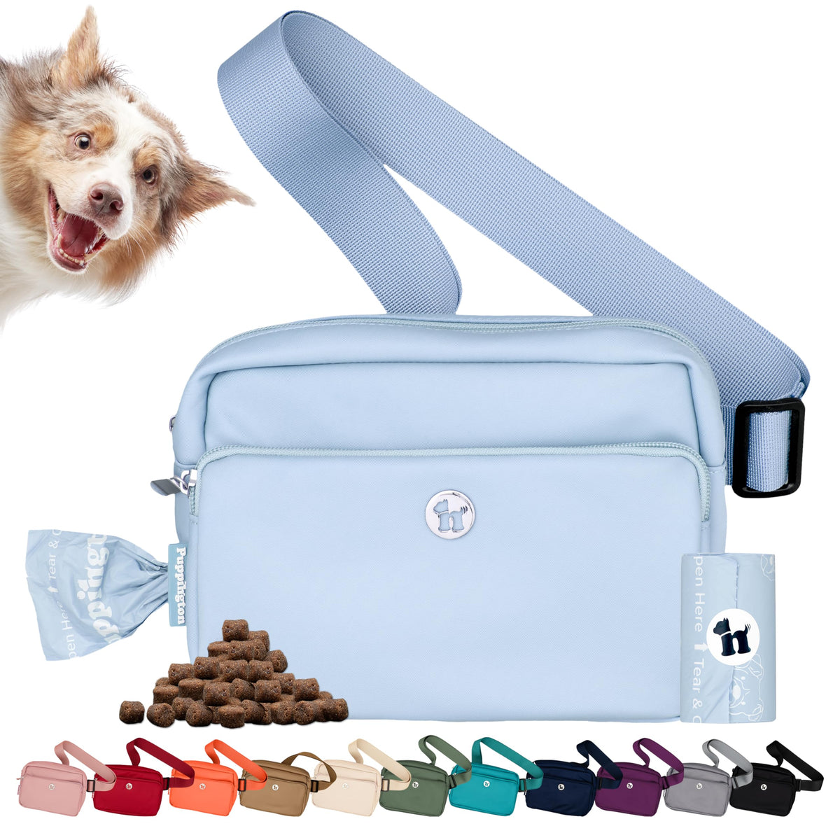 Puppington 3-in-1 crossbody bag worn hands-free during dog walks and training.
