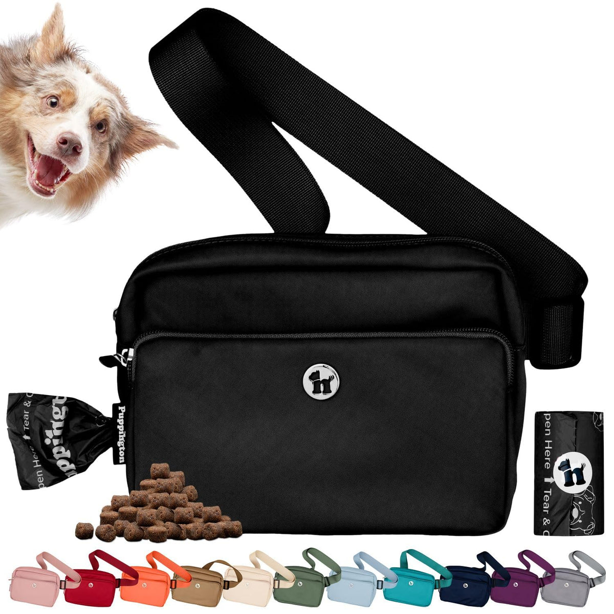 Puppington 3-in-1 crossbody bag onyx black offers hands-free walking and easy treat access.