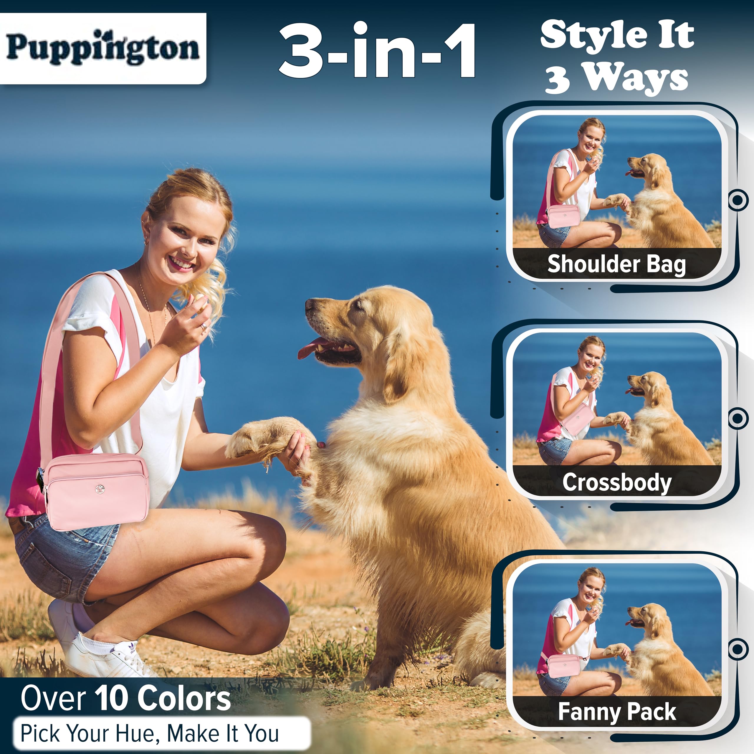 Puppington compostable poop bags fit inner pocket for easy mess management.