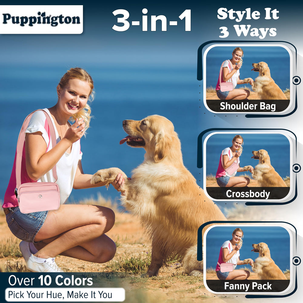 Puppington compostable poop bags fit inner pocket for easy mess management.