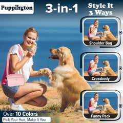 Puppington compostable poop bags fit inner pocket for easy mess management.