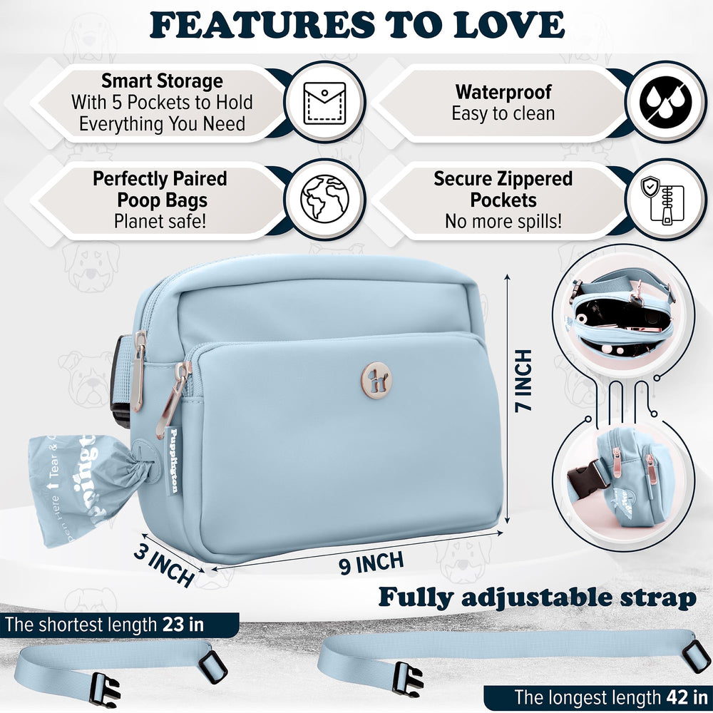 Puppington interior view highlighting organized pockets for leash, phone, and snacks.