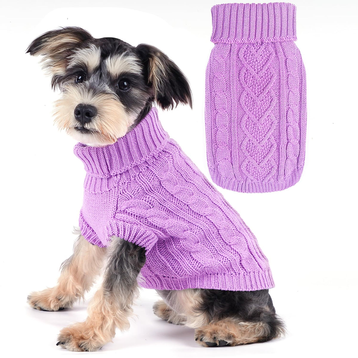 Puppishy small purple dog sweater front view showing cozy knit warmth