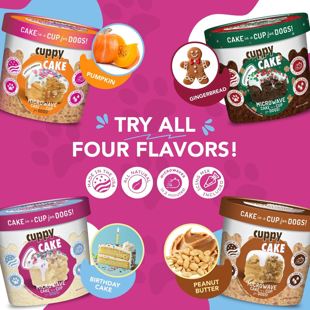 Puppy Cake Cuppy Cake serving shot shows a happy dog enjoying cake.