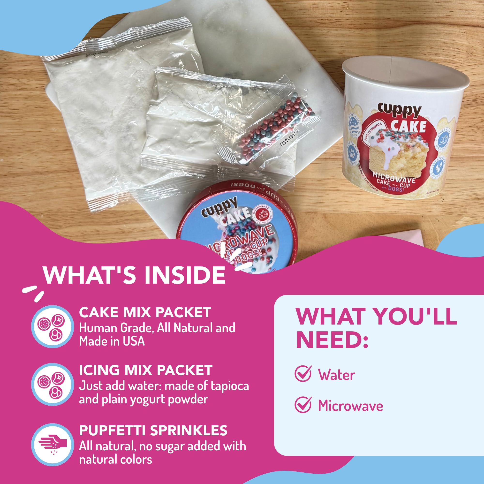 Puppy Cake Cuppy Cake in-microwave shot shows a fast treat for canine parties.