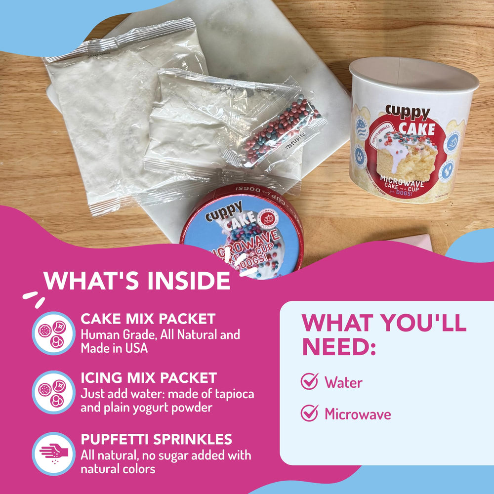 Puppy Cake Cuppy Cake in-microwave shot shows a fast treat for canine parties.