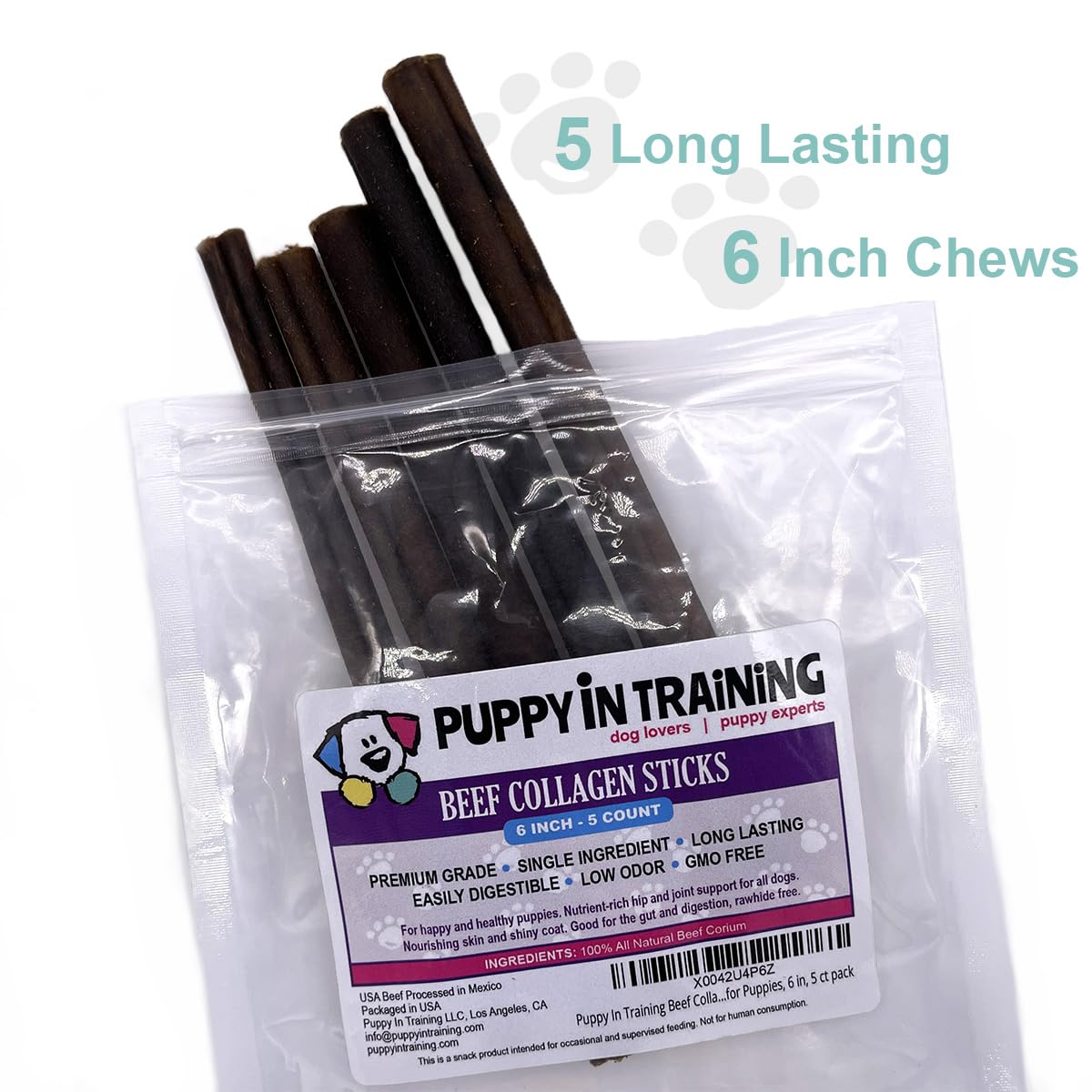 Puppy In Training beef collagen stick pack back view with product details and low odor claim