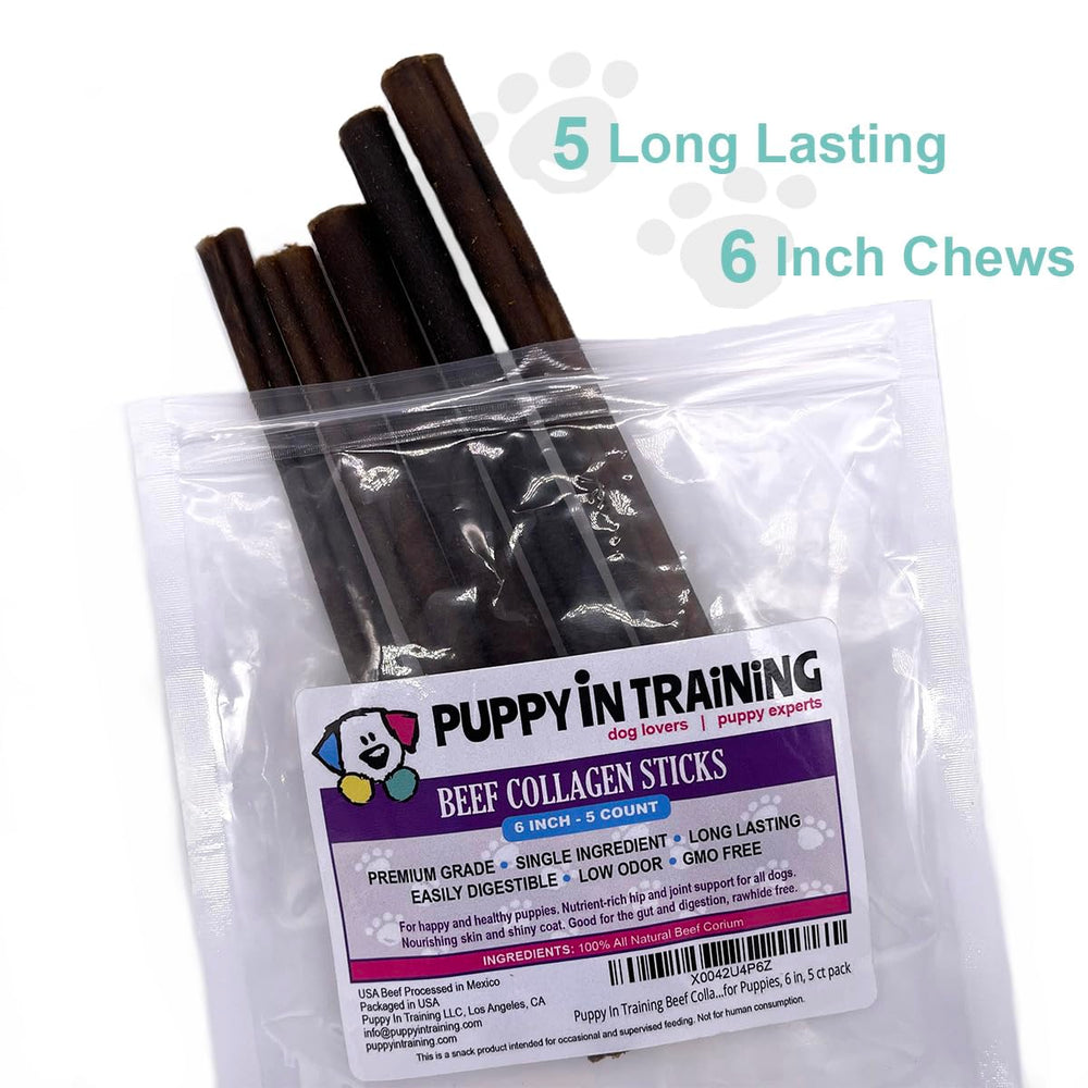 Puppy In Training beef collagen stick pack back view with product details and low odor claim
